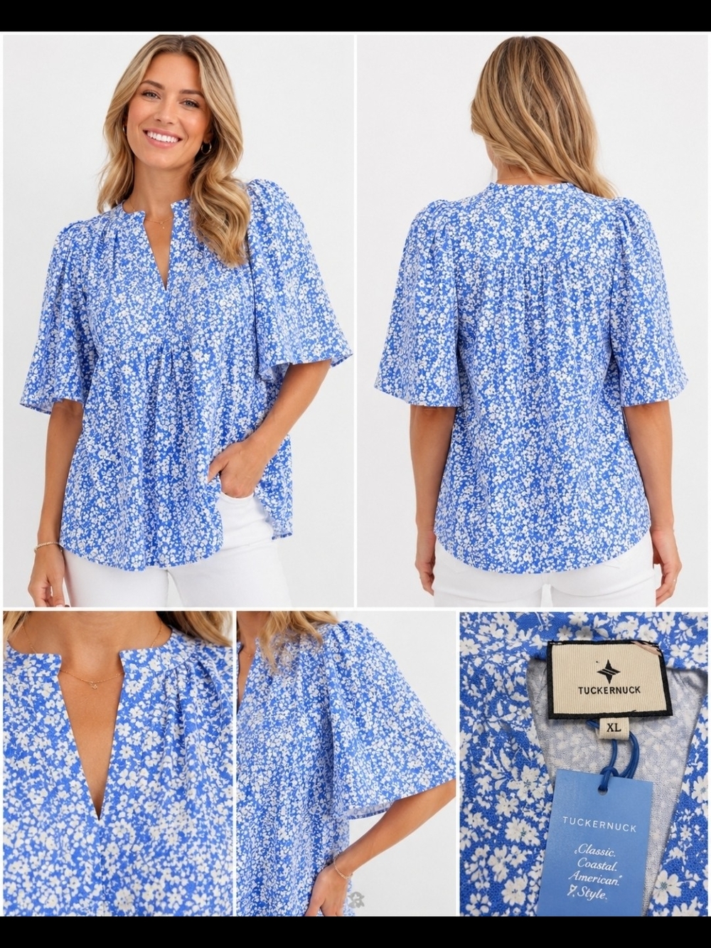 NWT Tuckernuck Blue Floral Linen Blend Flutter Sleeve Babydoll Top XL